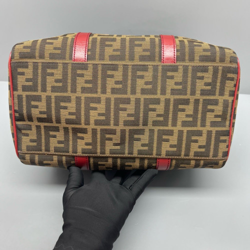 Fendi Boston Bag Canvas Calfskin Brown Red