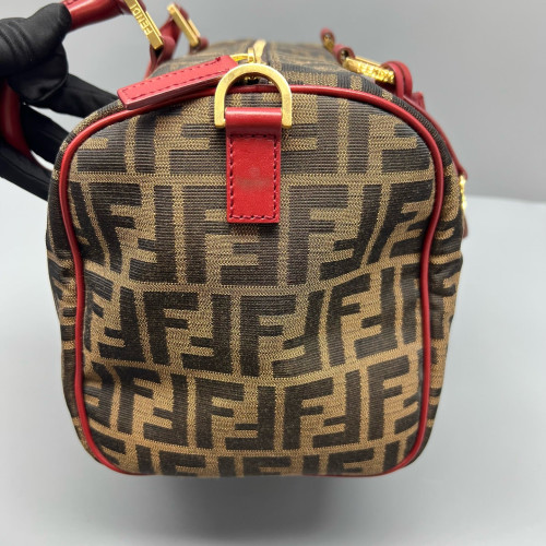 Fendi Boston Bag Canvas Calfskin Brown Red