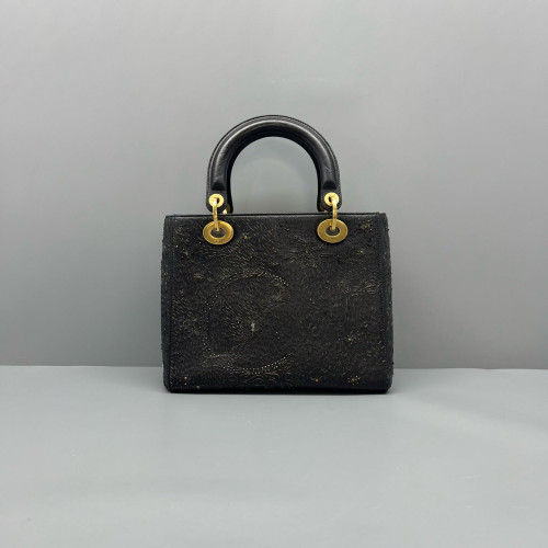 Dior Embroidered Medium Lady Dior Calfskin Black