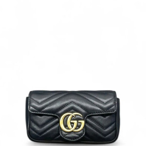 Gucci Chevron Super Mini GG Marmont Chain Wallet Calfskin Black