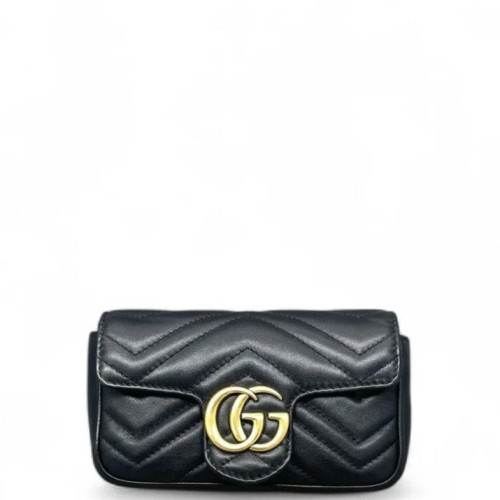 Gucci Chevron Super Mini GG Marmont Chain Wallet Calfskin Black