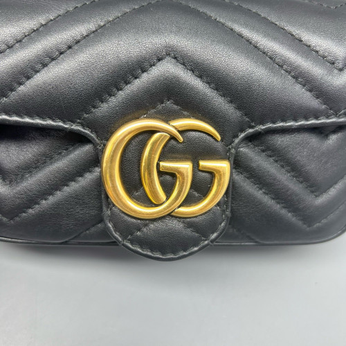 Gucci Chevron Super Mini GG Marmont Chain Wallet Calfskin Black