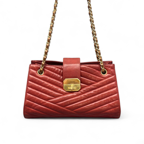 Chanel Chevron Tote Bag Aged Calfskin Red