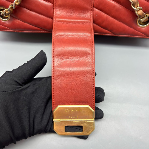 Chanel Chevron Tote Bag Aged Calfskin Red