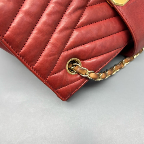 Chanel Chevron Tote Bag Aged Calfskin Red