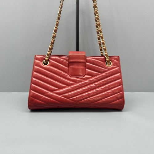 Chanel Chevron Tote Bag Aged Calfskin Red