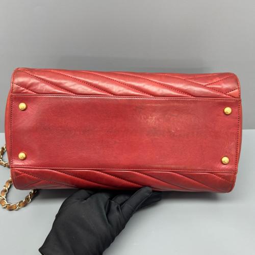 Chanel Chevron Tote Bag Aged Calfskin Red