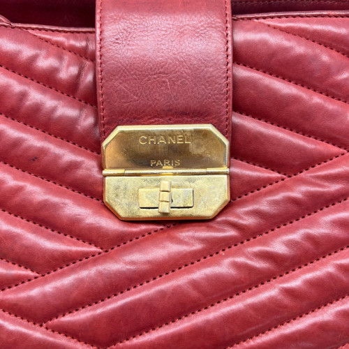 Chanel Chevron Tote Bag Aged Calfskin Red
