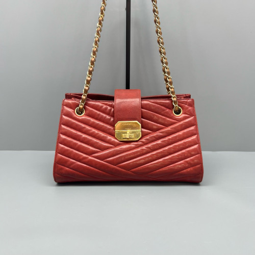 Chanel Chevron Tote Bag Aged Calfskin Red