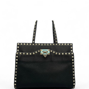 Valentino Rockstud Tote Bag Grained Calfskin Black