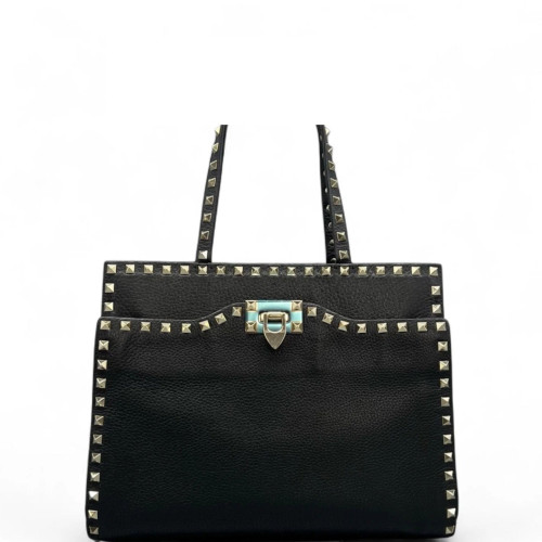 Valentino Rockstud Tote Bag Grained Calfskin Black