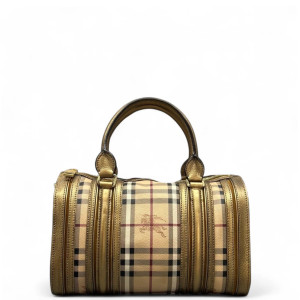Burberry Small Gladstone Bag Haymarket Check Metallic Calfskin Beige Gold Black