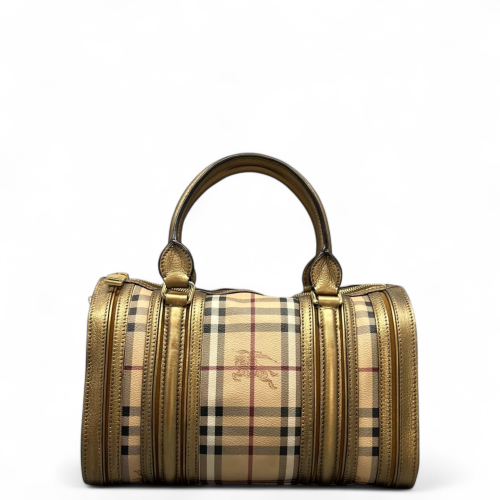 Burberry Small Gladstone Bag Haymarket Check Metallic Calfskin Beige Gold Black