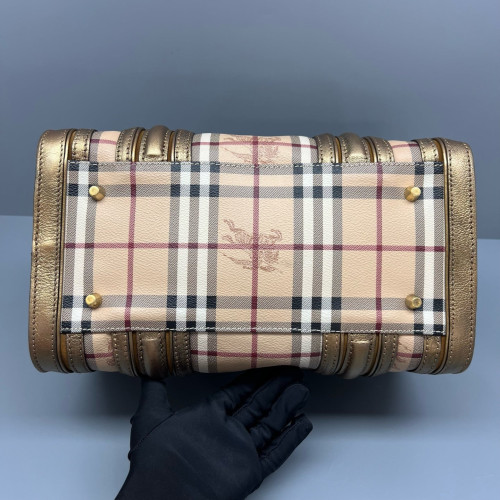 Burberry Small Gladstone Bag Haymarket Check Metallic Calfskin Beige Gold Black