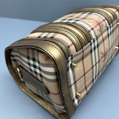 Burberry Small Gladstone Bag Haymarket Check Metallic Calfskin Beige Gold Black