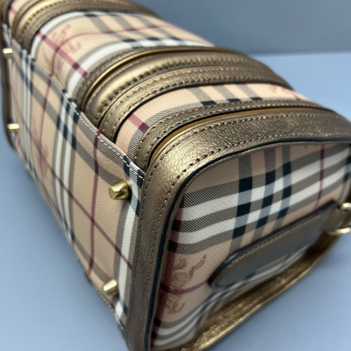 Burberry Small Gladstone Bag Haymarket Check Metallic Calfskin Beige Gold Black