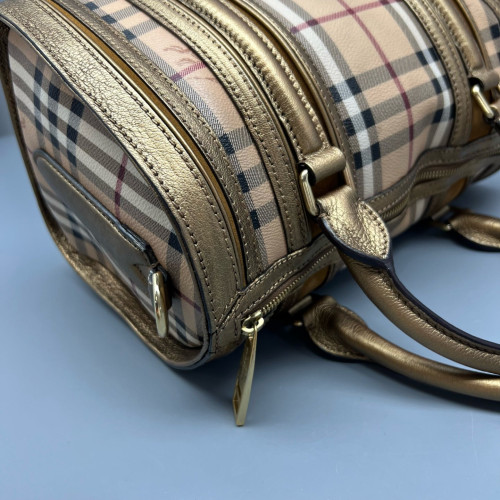 Burberry Small Gladstone Bag Haymarket Check Metallic Calfskin Beige Gold Black
