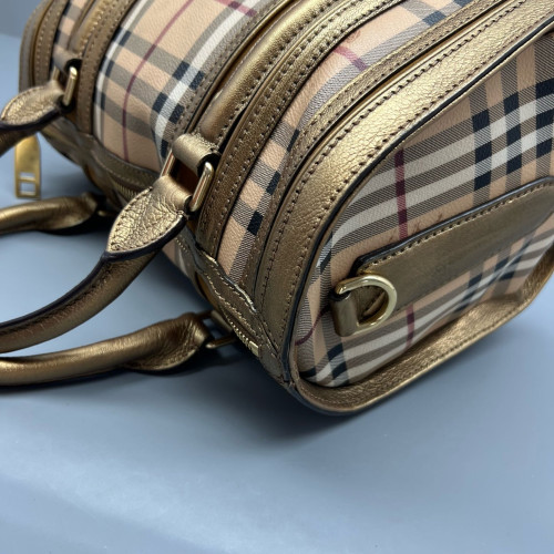 Burberry Small Gladstone Bag Haymarket Check Metallic Calfskin Beige Gold Black