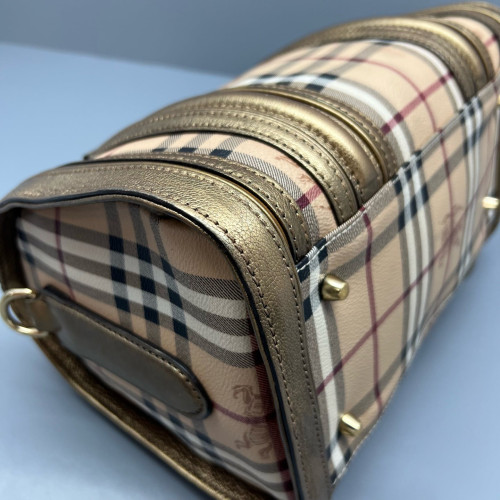 Burberry Small Gladstone Bag Haymarket Check Metallic Calfskin Beige Gold Black