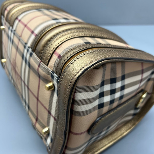 Burberry Small Gladstone Bag Haymarket Check Metallic Calfskin Beige Gold Black