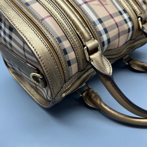 Burberry Small Gladstone Bag Haymarket Check Metallic Calfskin Beige Gold Black