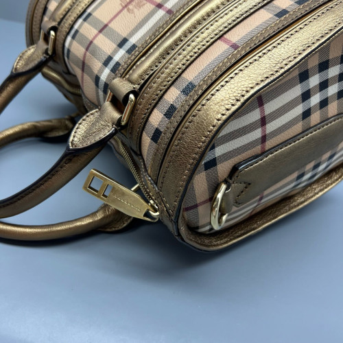 Burberry Small Gladstone Bag Haymarket Check Metallic Calfskin Beige Gold Black