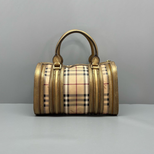 Burberry Small Gladstone Bag Haymarket Check Metallic Calfskin Beige Gold Black