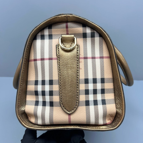 Burberry Small Gladstone Bag Haymarket Check Metallic Calfskin Beige Gold Black