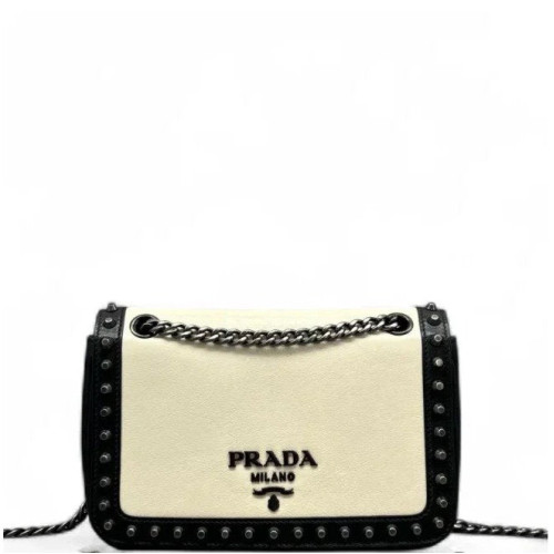 Prada Studded Flap Bag Vitello Phenix White Black