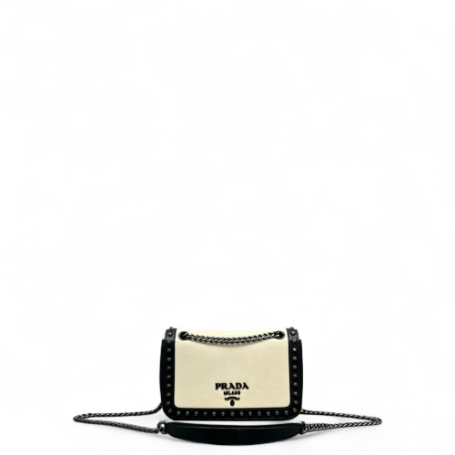 Prada Studded Flap Bag Vitello Phenix White Black