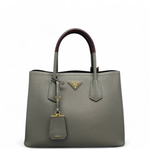 Prada Medium Double Bag Saffiano Calfskin Grey Ecru