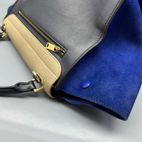 Celine Medium Trapeze Calfskin Suede Black Beige Blue