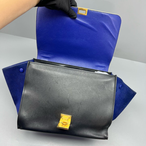 Celine Medium Trapeze Calfskin Suede Black Beige Blue