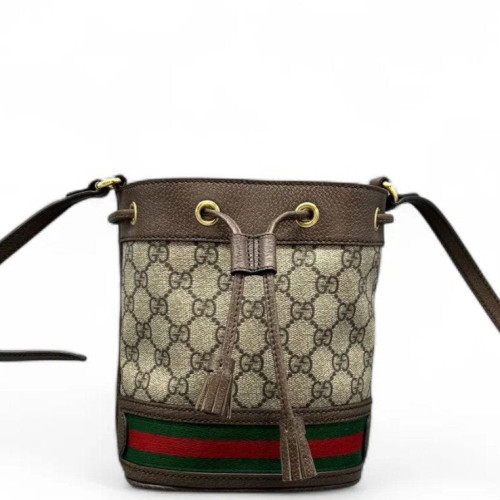 Gucci Web Mini Ophidia Bucket Bag GG Supreme Monogram Beige Ebony Brown Beige