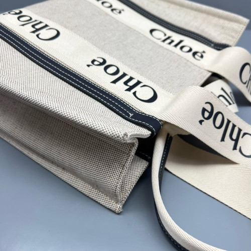 Chloe Medium Woody Ribbon Tote Canvas Calfskin Beige Dark Blue