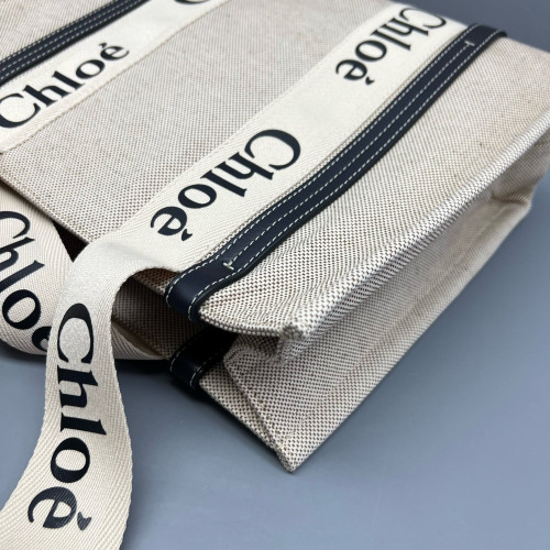 Chloe Medium Woody Ribbon Tote Canvas Calfskin Beige Dark Blue