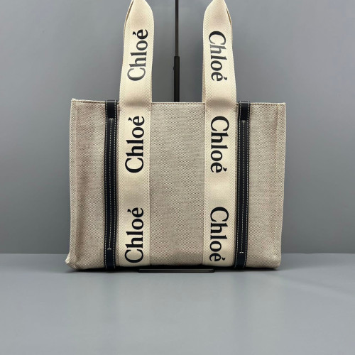 Chloe Medium Woody Ribbon Tote Canvas Calfskin Beige Dark Blue