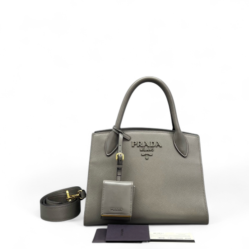 Prada Small Monochrome Tote Saffiano Calfskin Grey