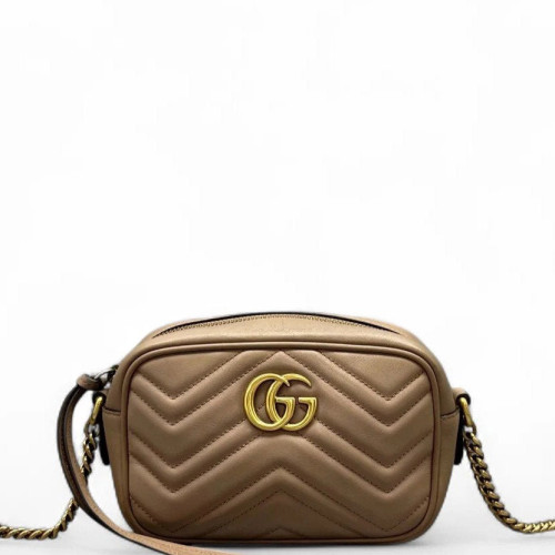 Gucci Chevron Mini GG Marmont Chain Shoulder Bag Calfskin Natural Tan