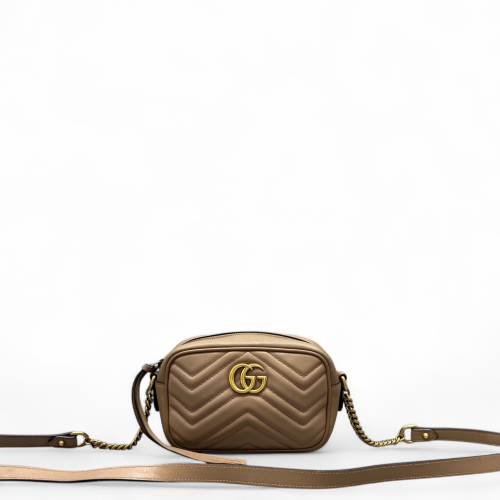 Gucci Chevron Mini GG Marmont Chain Shoulder Bag Calfskin Natural Tan