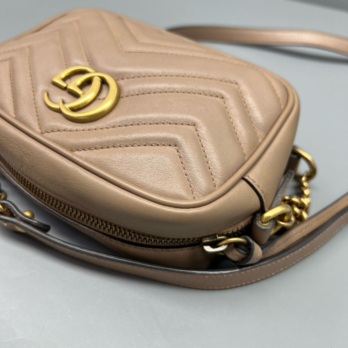 Gucci Chevron Mini GG Marmont Chain Shoulder Bag Calfskin Natural Tan