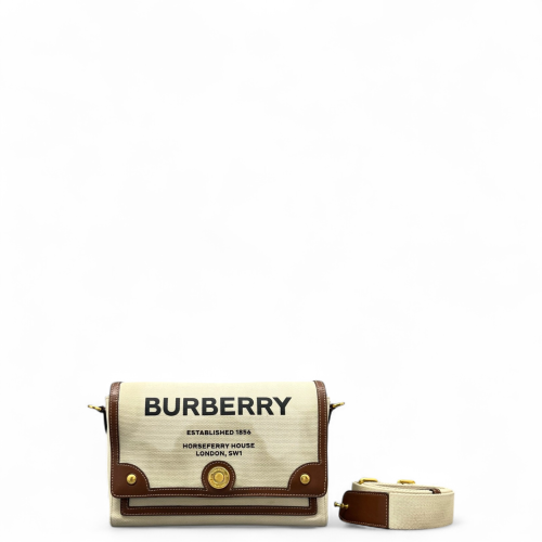 Burberry Medium Note Crossbody Bag Canvas Calfskin Beige Brown