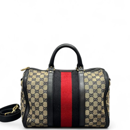 Gucci Boston Bag GG Monogram Beige Black Red