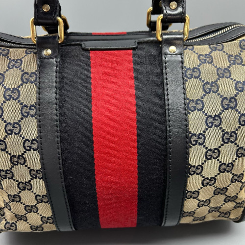 Gucci Boston Bag GG Monogram Beige Black Red