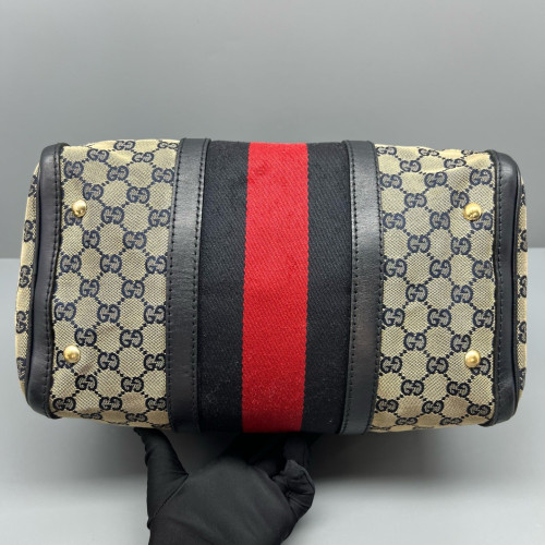 Gucci Boston Bag GG Monogram Beige Black Red
