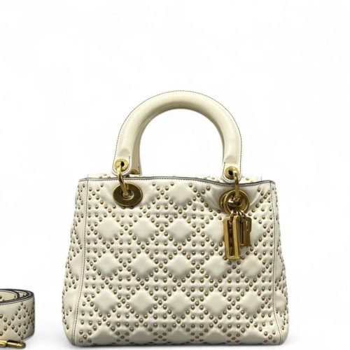 Dior Studded Medium Lady Dior Calfskin White