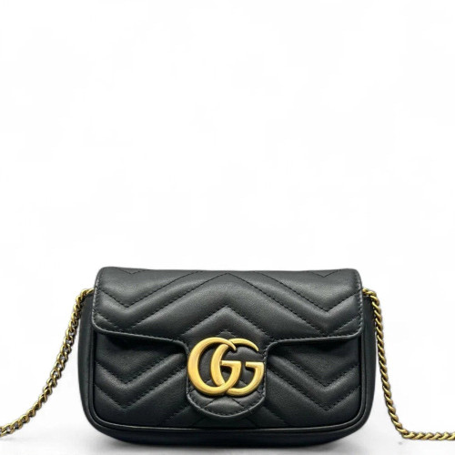 Gucci Chevron Super Mini GG Marmont Chain Wallet Calfskin Black