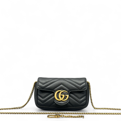 Gucci Chevron Super Mini GG Marmont Chain Wallet Calfskin Black