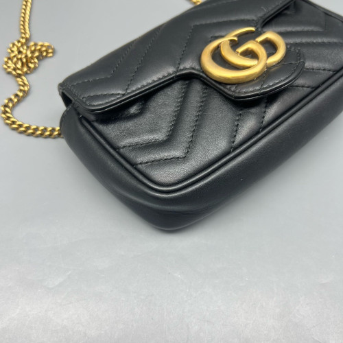 Gucci Chevron Super Mini GG Marmont Chain Wallet Calfskin Black