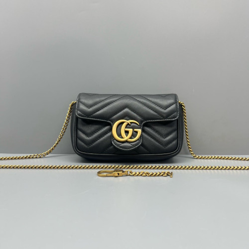 Gucci Chevron Super Mini GG Marmont Chain Wallet Calfskin Black
